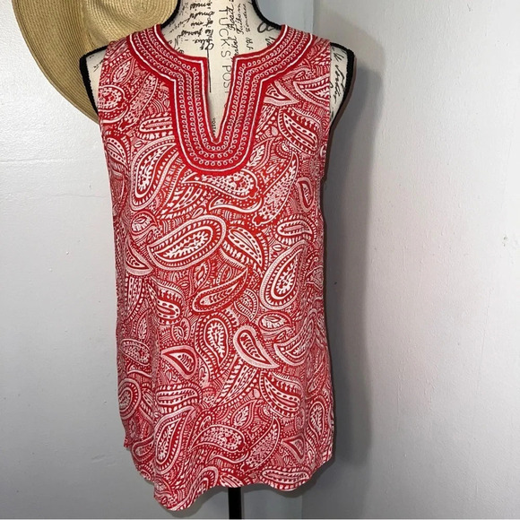 Carol Little, M, linen blend,Paisley geometric scroll print notch Vneck tank top - Picture 1 of 8